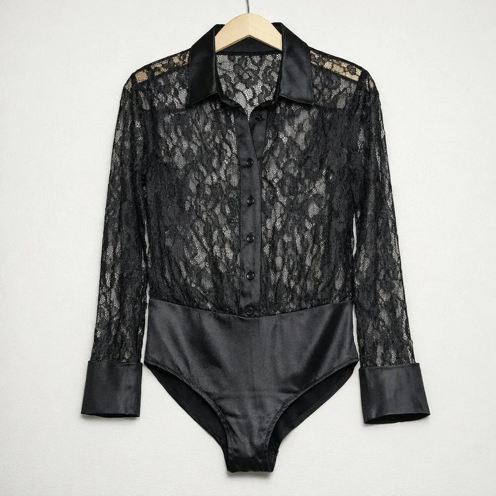 Anthropologie Black Lace Button Front Bodysuit Satin Trim Long Sleeve S - Picture 2 of 7